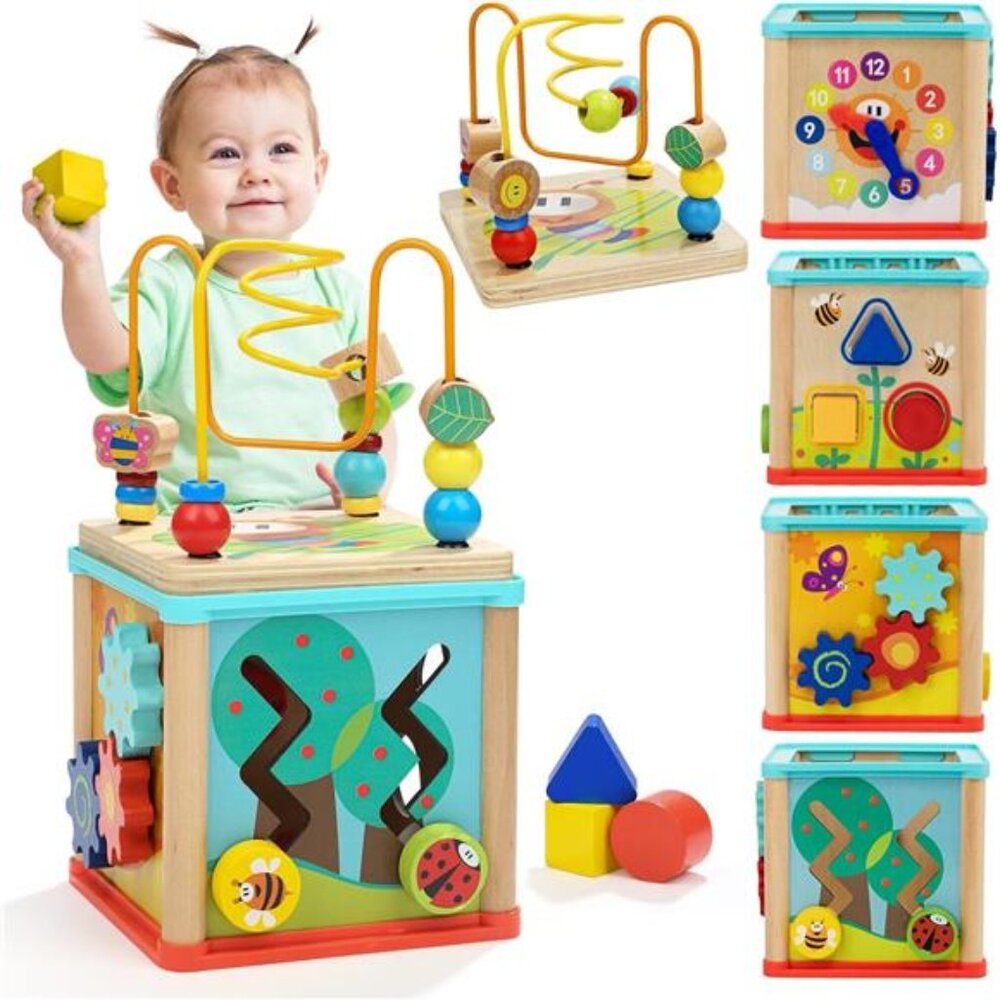 Montessori Toys for 1 Year Old Boy Girl Toddlers, Wooden Activity Cube Toys